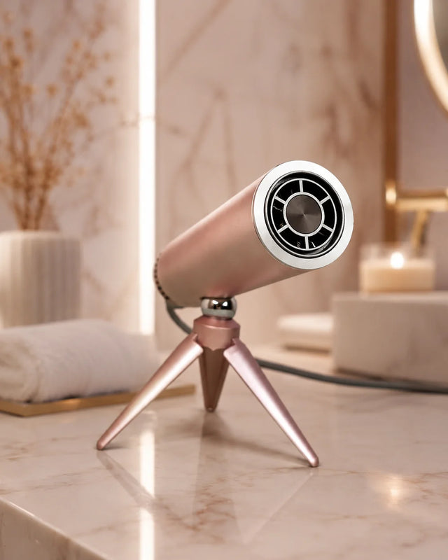 LeLunar HandsFreeDryer on its tripod in a marble bathroom, Sunset Rose close-up