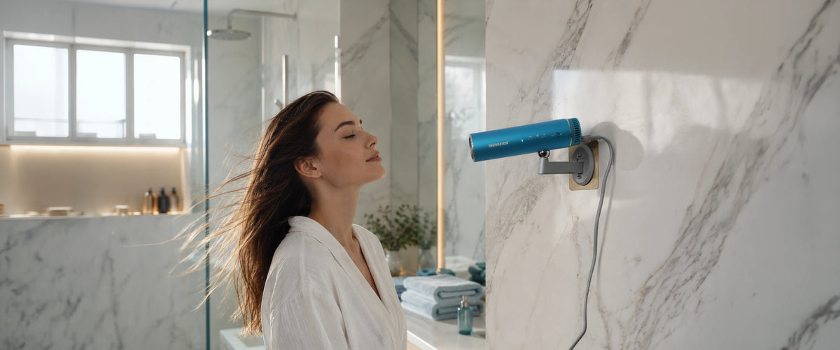 The LeLunar HandsFreeDryer kit in Bondi Blue, Space Grey, Sunset Rose and Amber Gold: dryer, folding tripod, wall mount and travel capsule